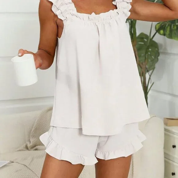 White Casual Women's Lounge Set Ruffle Top Shorts